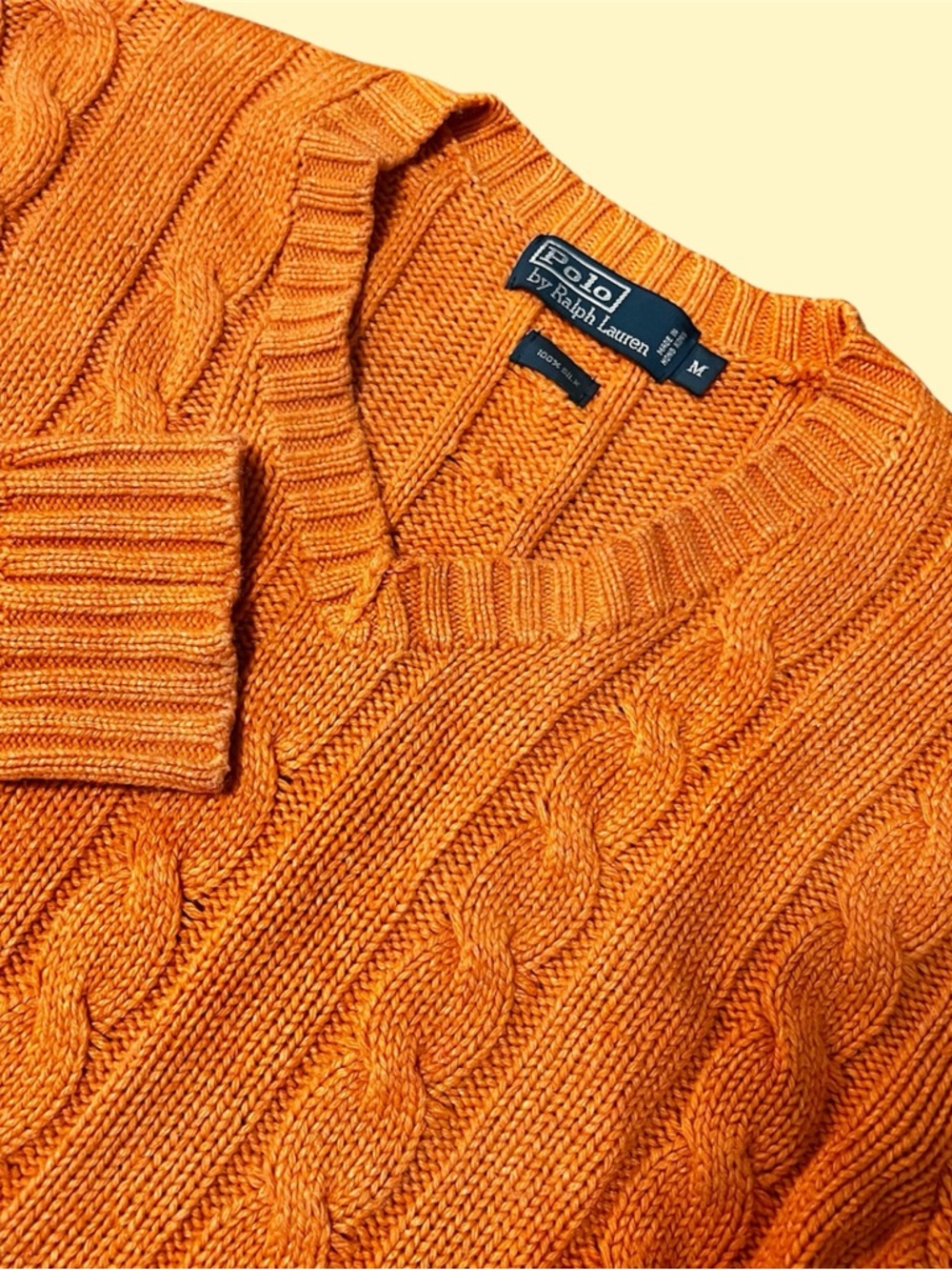 Vintage Polo Ralph Lauren Cable Knit Sweater Mens Medium 100% Silk Orange V-Neck
